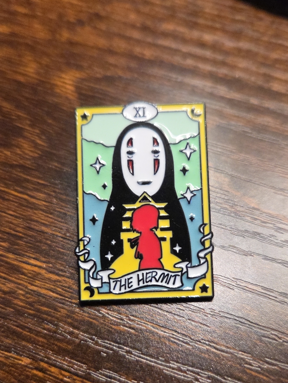 No-Face Tarot Enamel Pin — The Hermit Design in Green, Black & Red